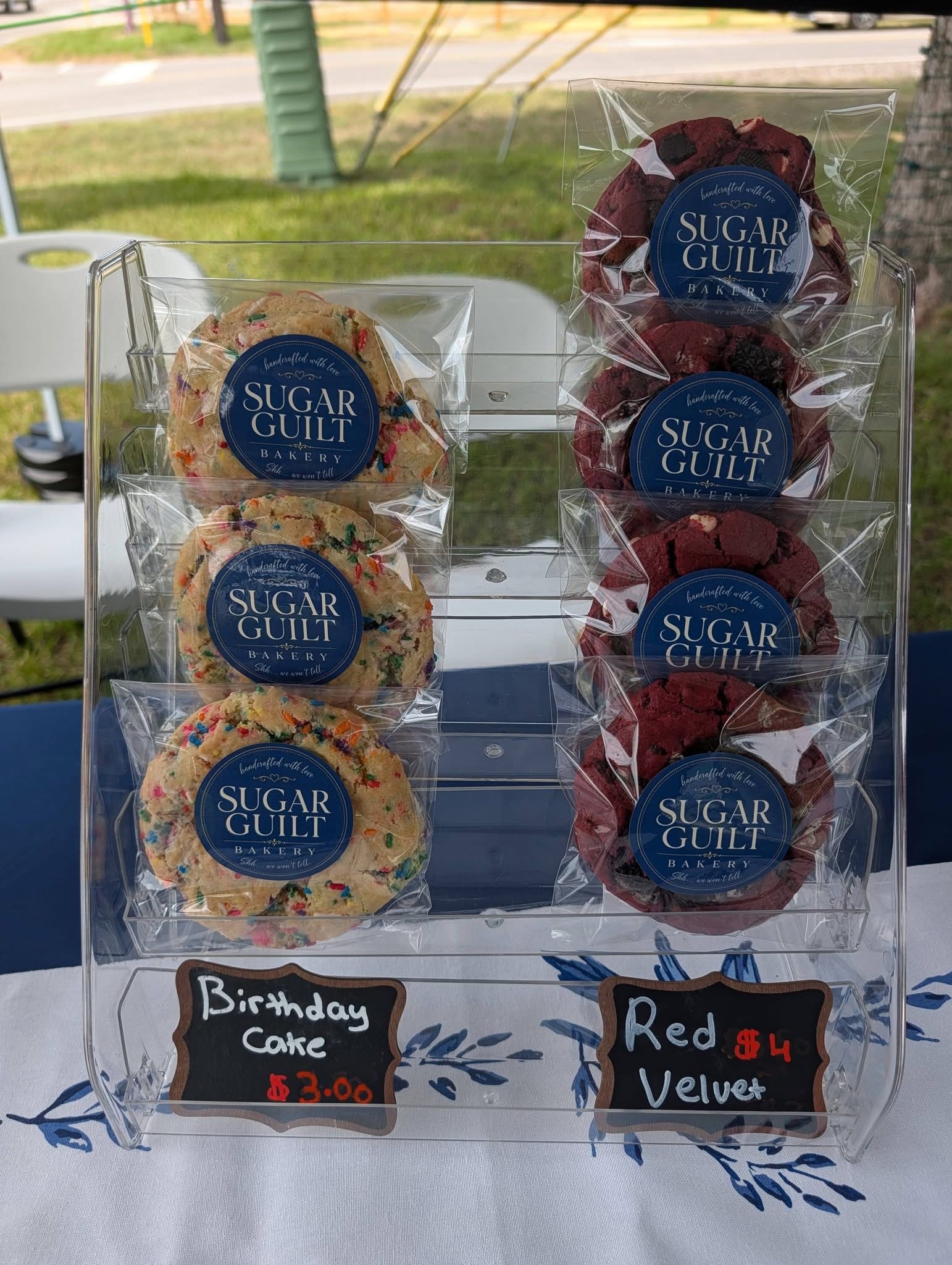 Birthday cake and red velvet cookies wrapped and labeled