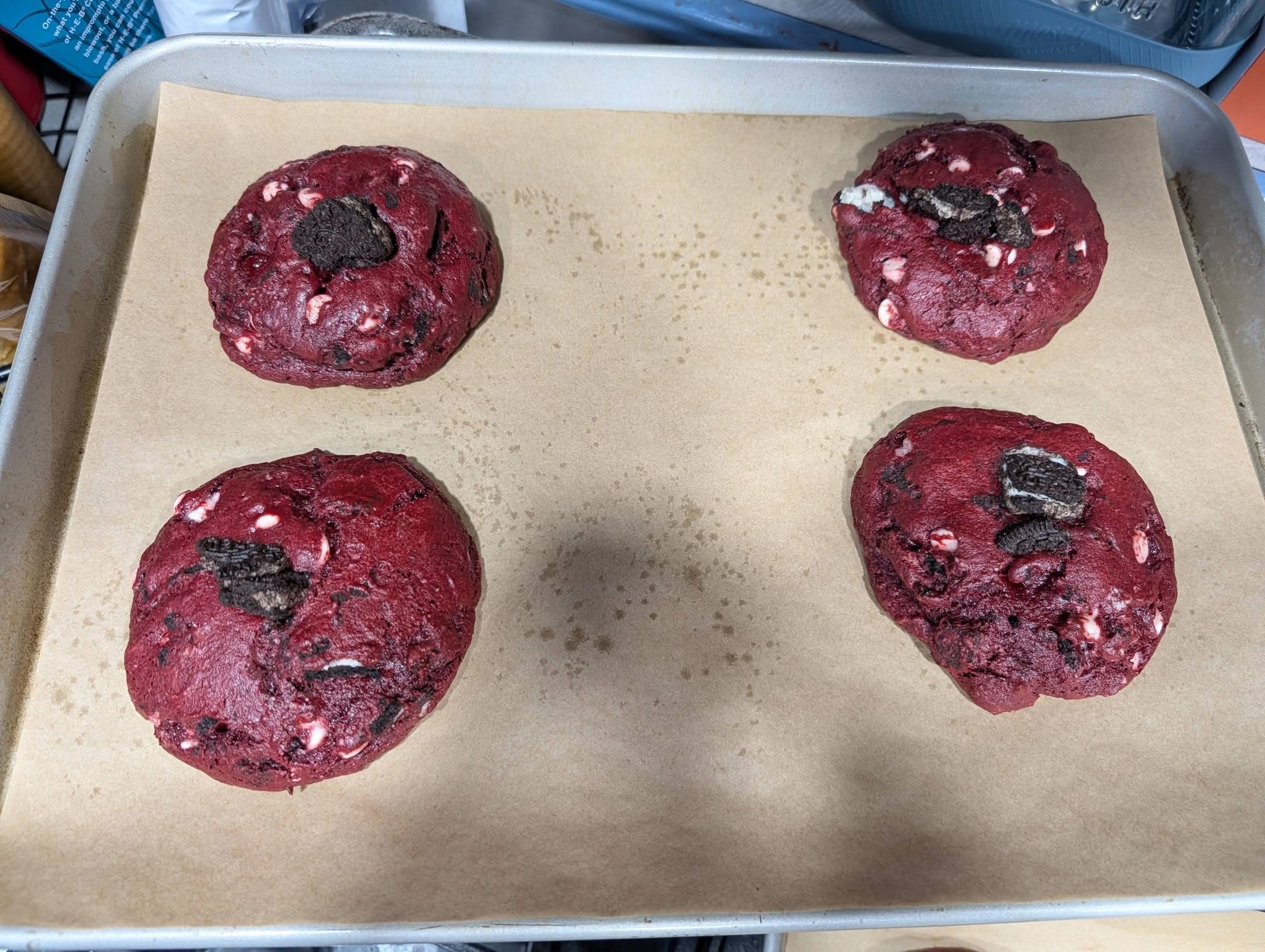 Red velvet sugar cookies with Oreo pieces